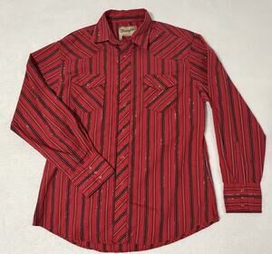 Wrangler Pearl Snap Striped Long Sleeve Button Down Red Western Shirt Mens Large